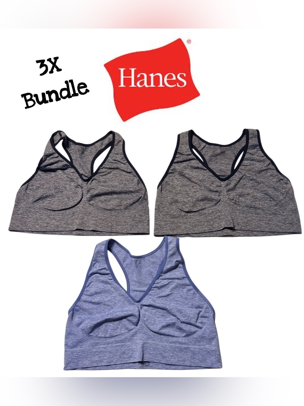 Hanes Women's 3X Seamless Sports Bra Bundle 2 Grey/Black 1 Blue